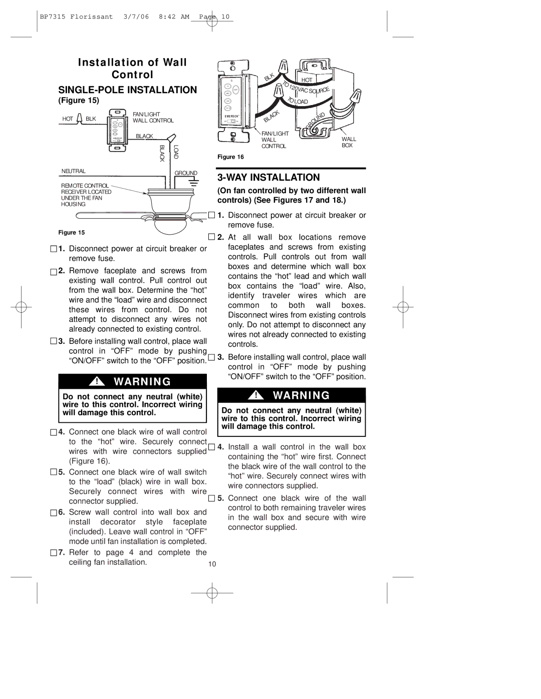 Emerson CF730 warranty Installation of Wall Control, SINGLE-POLE Installation 