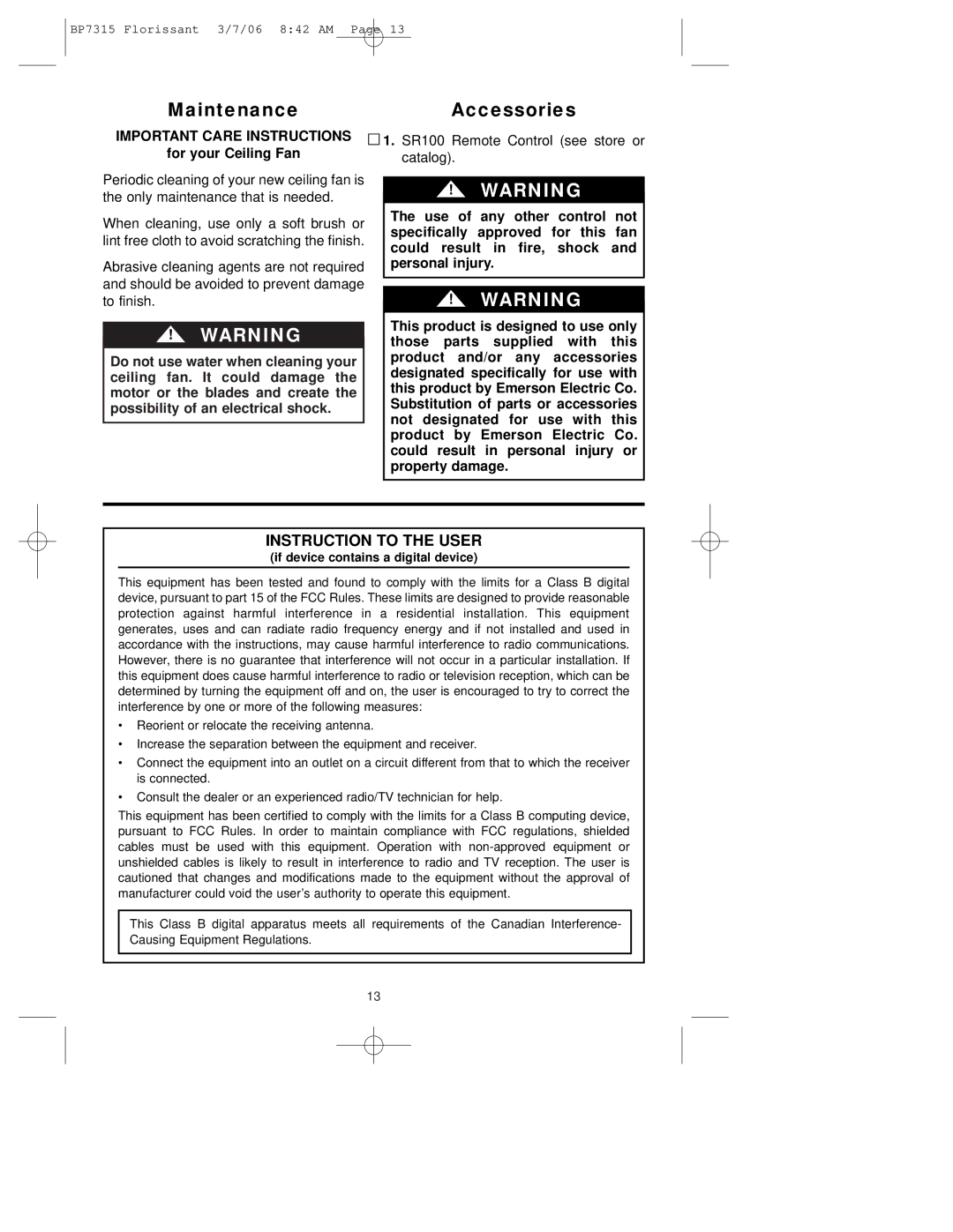 Emerson CF730 warranty MaintenanceAccessories, For your Ceiling Fan 