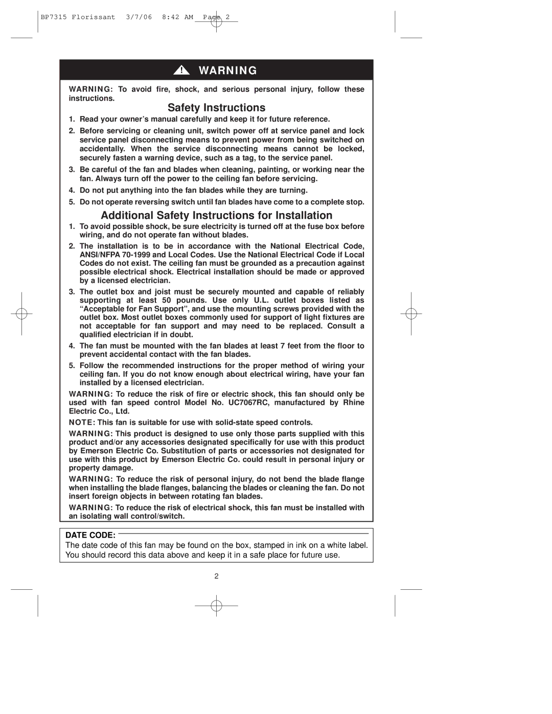 Emerson CF730 warranty Additional Safety Instructions for Installation 