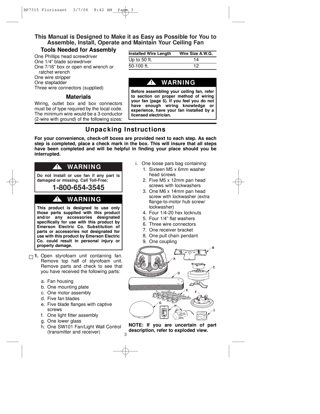 Emerson CF730 warranty Unpacking Instructions, Materials 