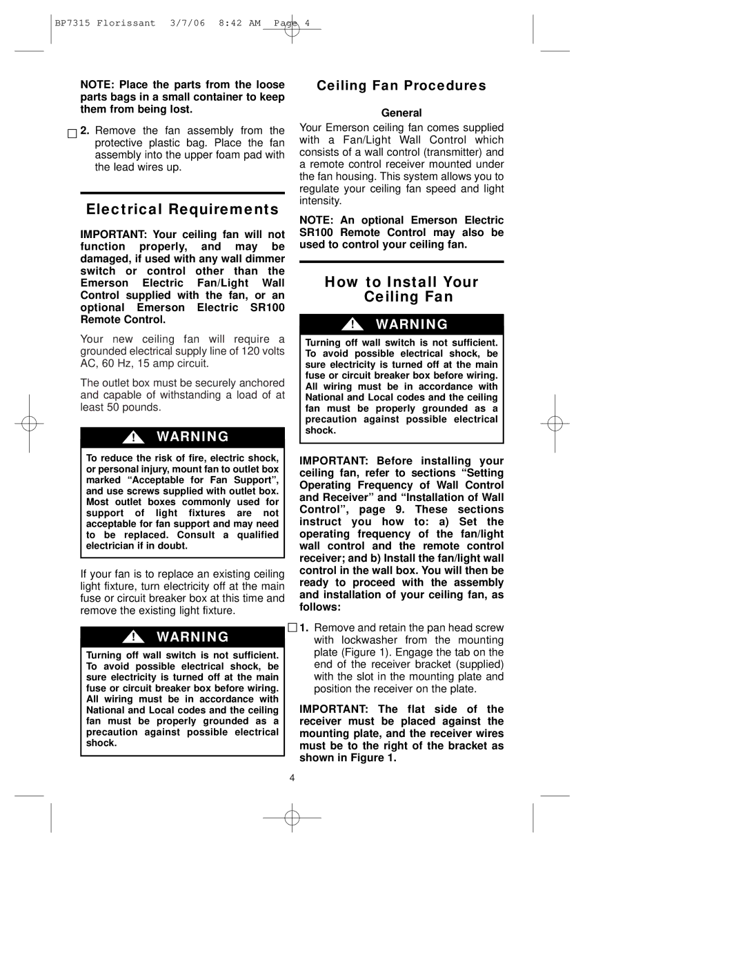 Emerson CF730 warranty Electrical Requirements, How to Install Your Ceiling Fan, General 