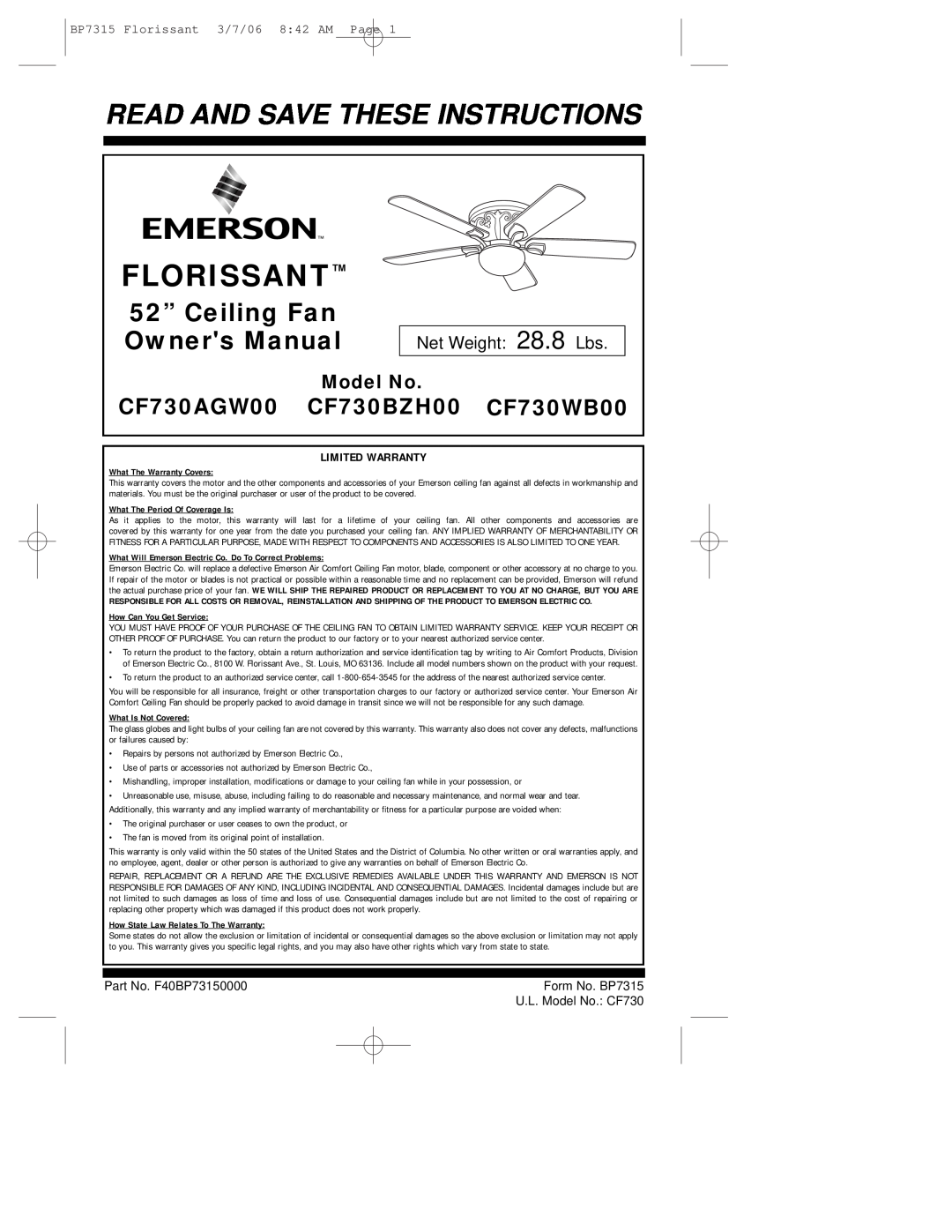 Emerson warranty CF730AGW00 CF730BZH00 CF730WB00, Model No, Florissant, Read And Save These Instructions 