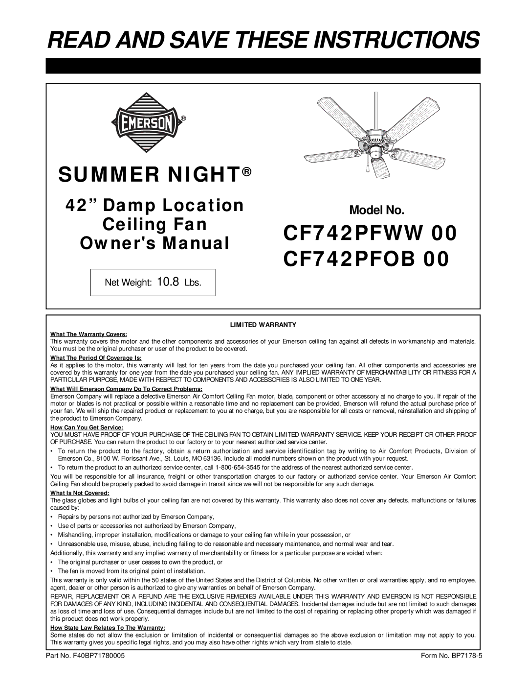 Emerson CF742PFWW, CF742PFOB warranty Model No 