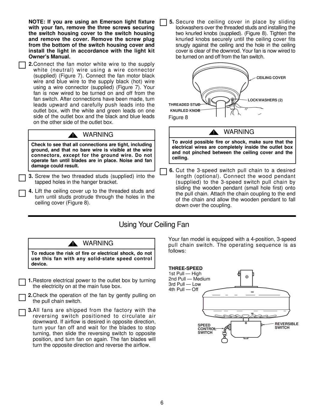 Emerson CF742PFOB, CF742PFWW warranty Using Your Ceiling Fan 