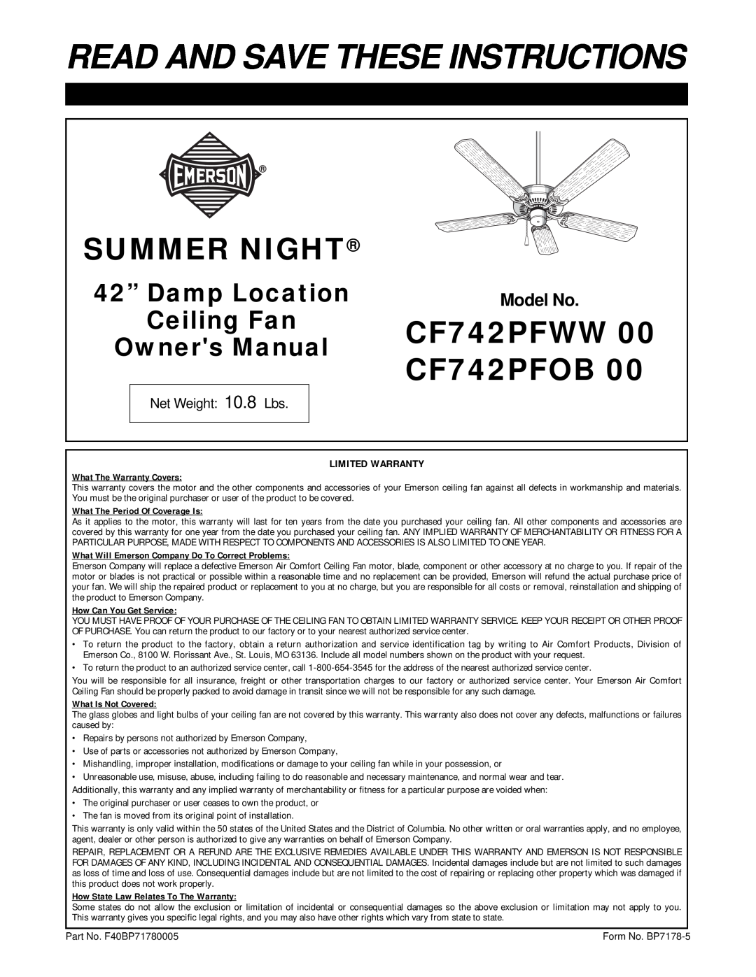 Emerson CF742PFWW warranty Model No, Read And Save These Instructions, Summer Night, CF742PFOB, 42” Damp Location 