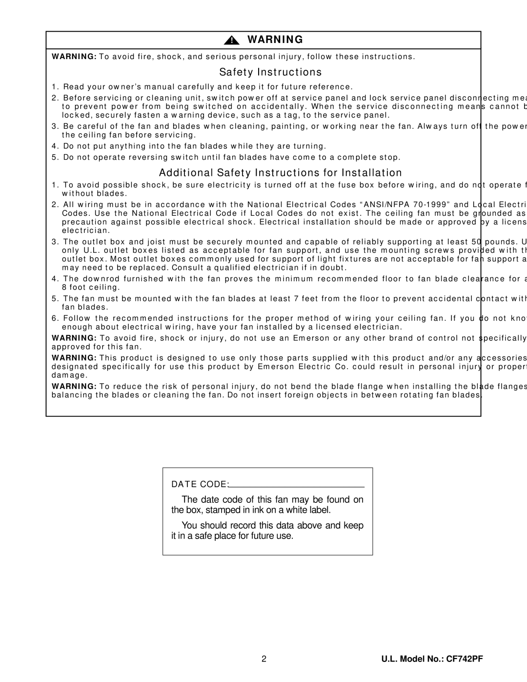 Emerson CF742PFSCB 01, CF742PFWW 01 warranty Safety Instructions 