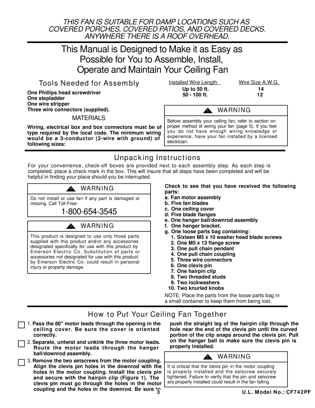 Emerson CF742PFWW 01 warranty Tools Needed for Assembly, Unpacking Instructions, How to Put Your Ceiling Fan Together 