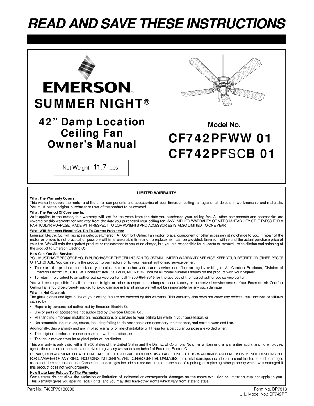 Emerson CF742PFWW 01 warranty Model No, Read And Save These Instructions, Summer Night, CF742PFSCB, 42” Damp Location 