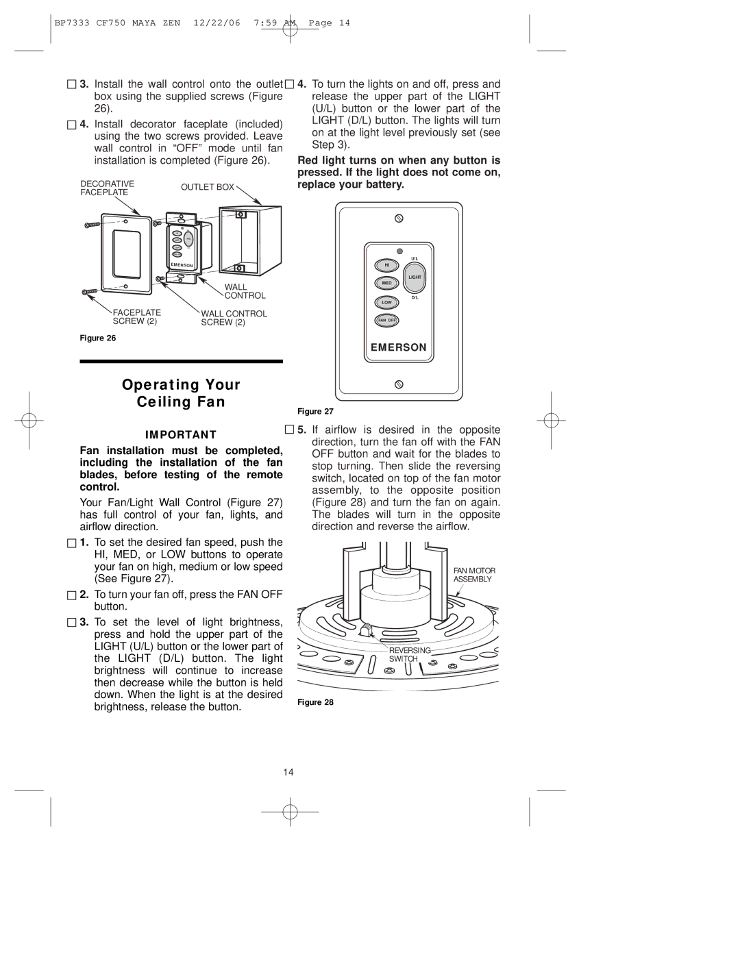 Emerson CF750ORB00 owner manual Operating Your Ceiling Fan 