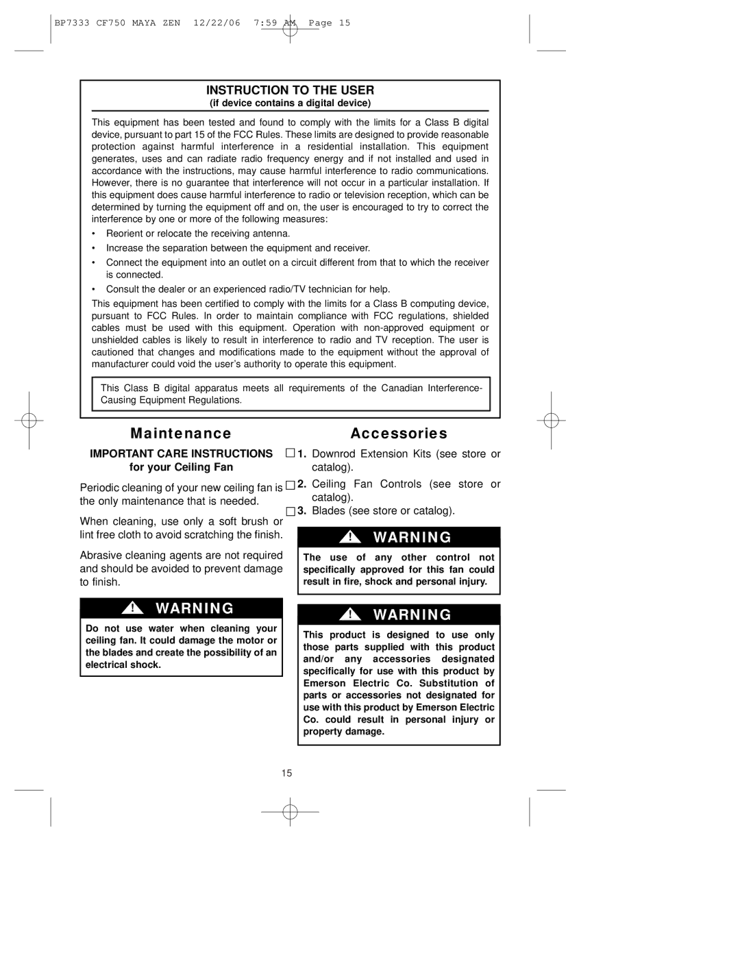 Emerson CF750ORB00 owner manual MaintenanceAccessories, Important Care Instructions 