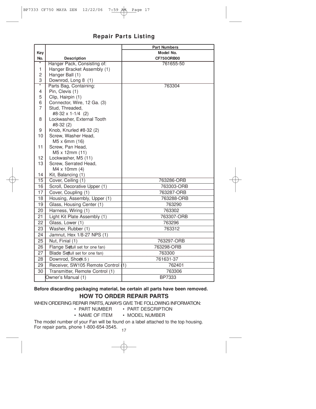 Emerson owner manual Repair Parts Listing, Key Part Numbers Model No Description CF750ORB00 