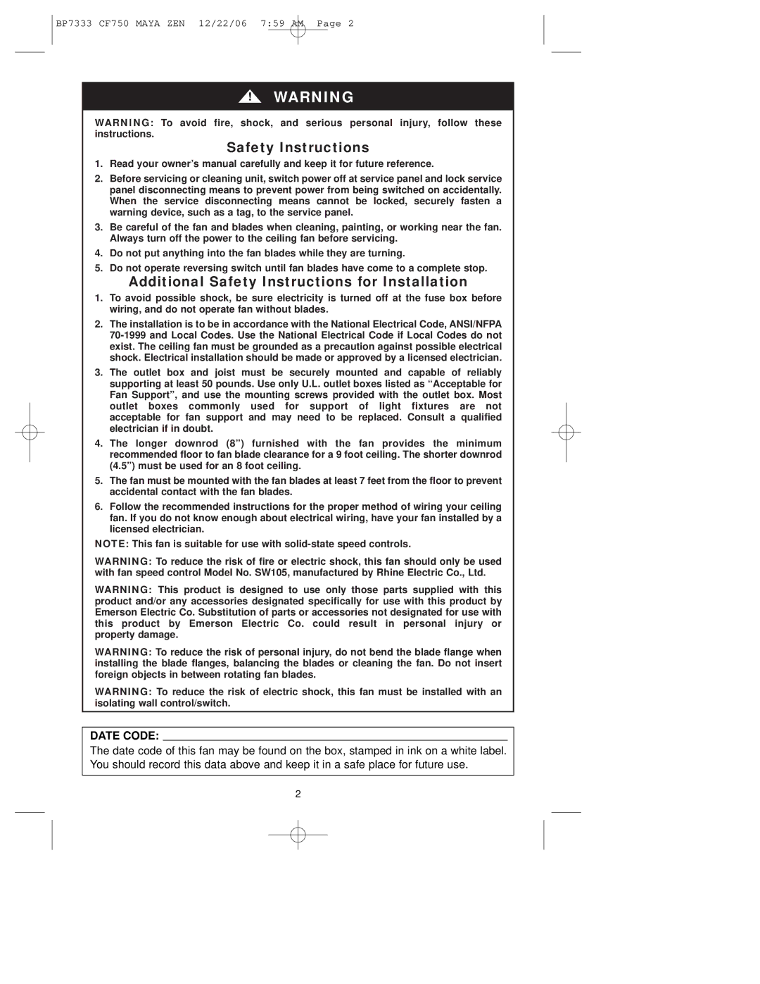 Emerson CF750ORB00 owner manual Additional Safety Instructions for Installation, Date Code 