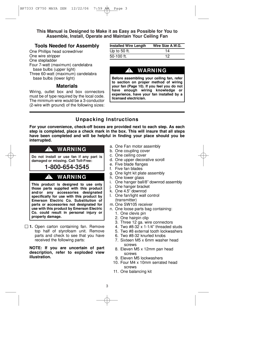 Emerson CF750ORB00 owner manual Tools Needed for Assembly, Materials, Unpacking Instructions 