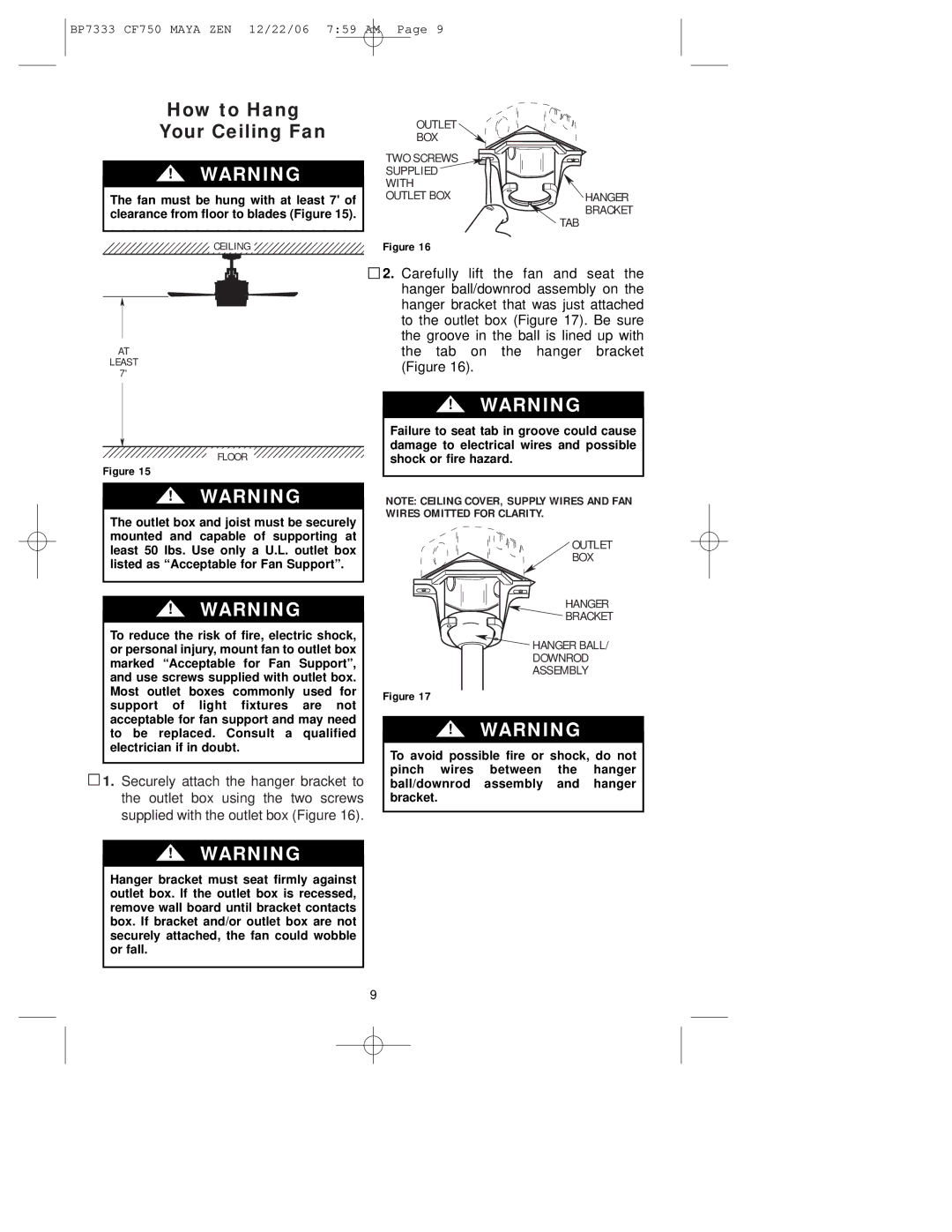 Emerson CF750ORB00 owner manual How to Hang Your Ceiling Fan, Tab 