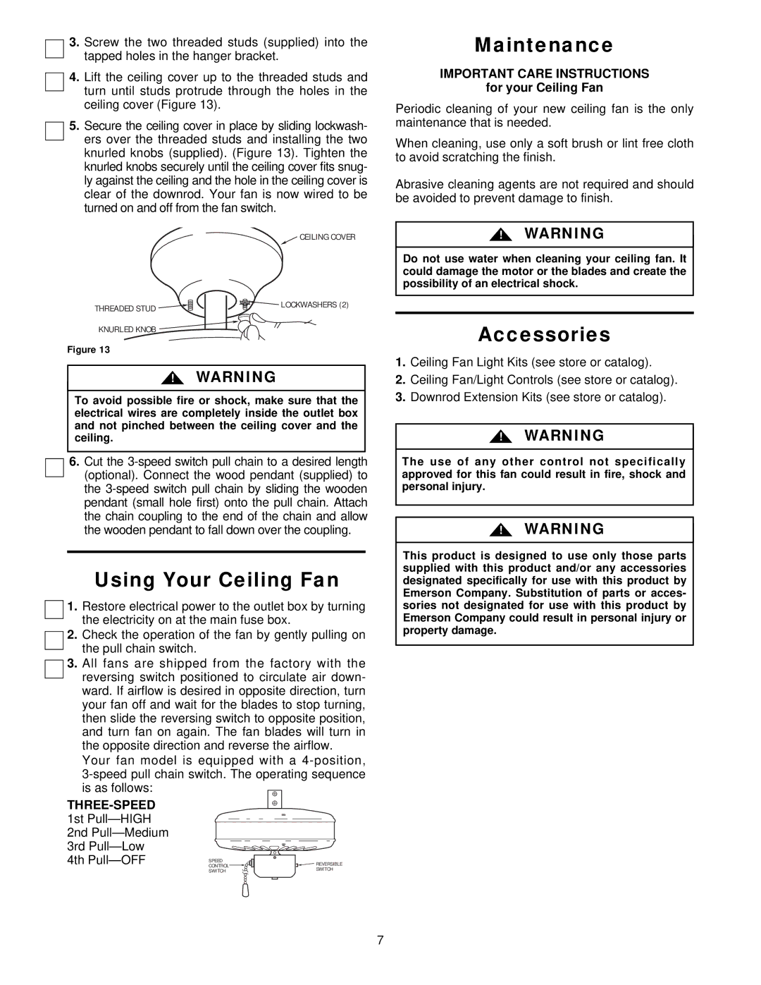 Emerson CF755V04, CF755PW04, CF755WW04, CF755NW04, CF755S04, CF755OB04 warranty Using Your Ceiling Fan, Maintenance, Accessories 