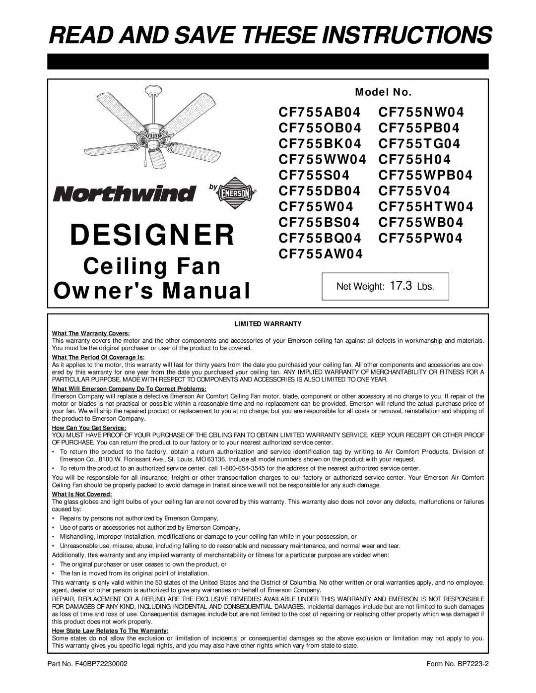 Emerson CF755WW04, CF755PW04, CF755NW04, CF755S04, CF755OB04 warranty Designer, Read And Save These Instructions, Ceiling Fan 