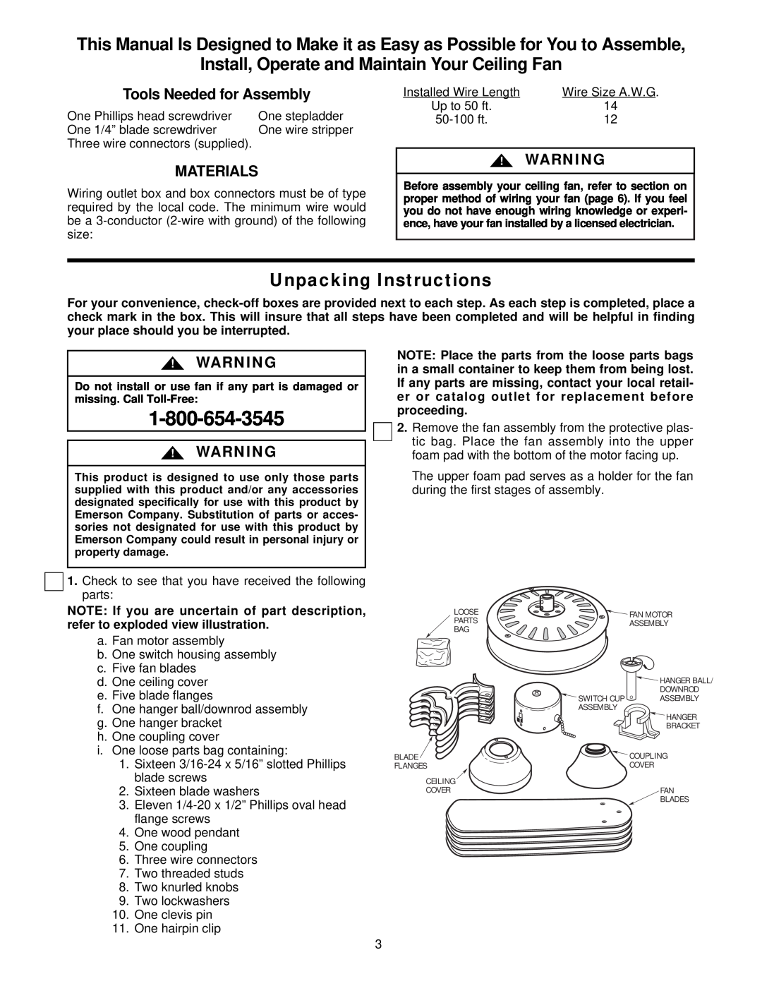 Emerson CF755S04 warranty Install, Operate and Maintain Your Ceiling Fan, Unpacking Instructions, Tools Needed for Assembly 