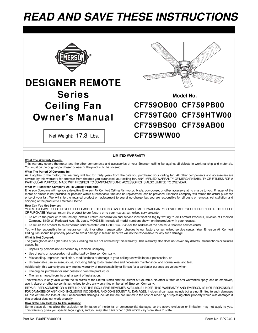 Emerson CF759WW00, CF759HTW00, CF759OB00, CF759BS00, CF759AB00, CF759TG00, CF759PB00 warranty Read and Save These Instructions 