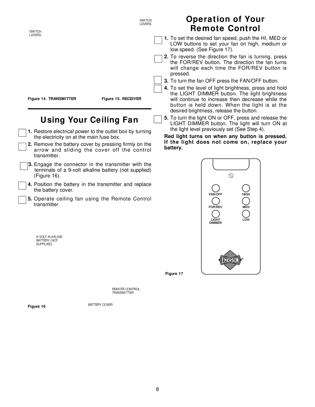 Emerson CF759WW00, CF759HTW00, CF759OB00, CF759BS00, CF759AB00 Using Your Ceiling Fan, Operation of Your Remote Control 