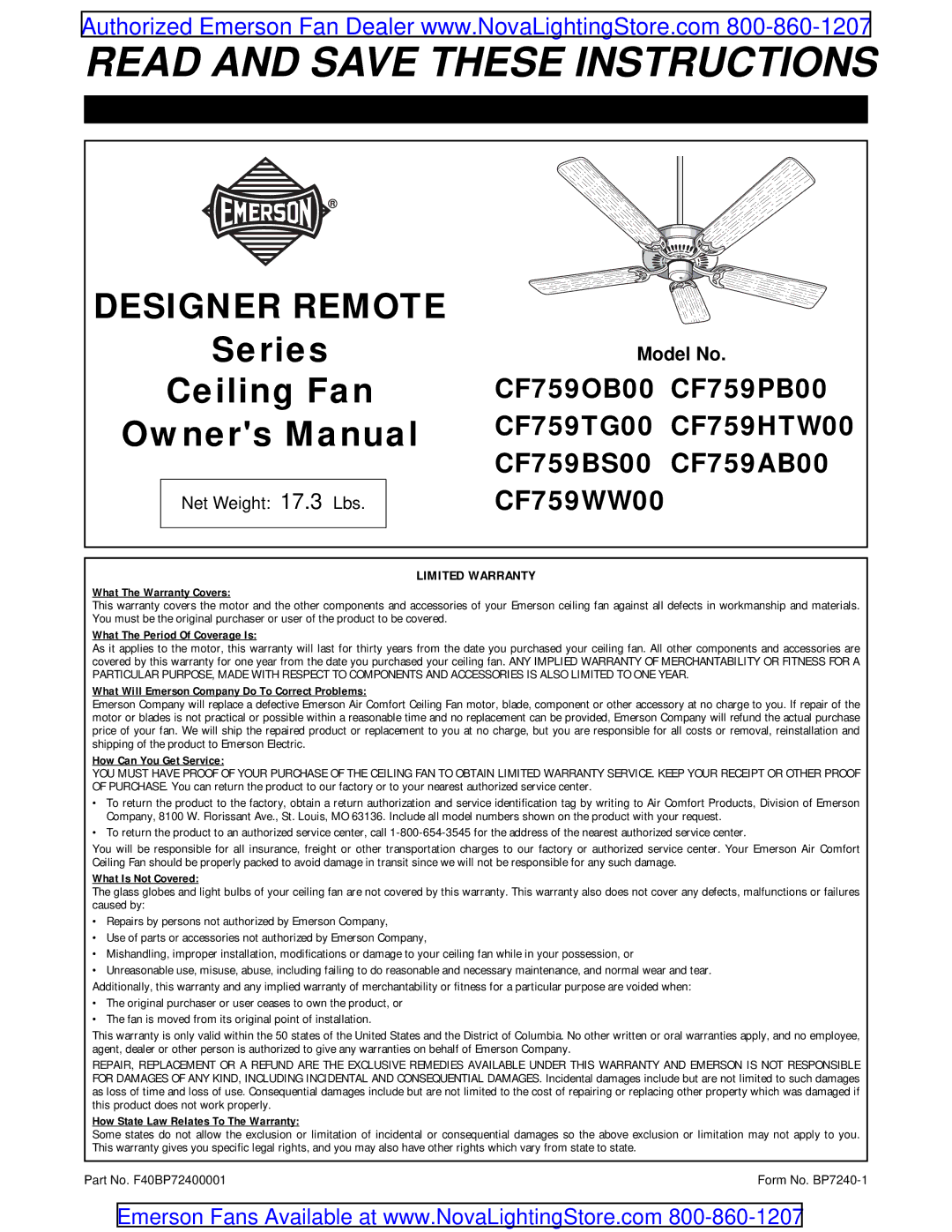 Emerson CF759OB00 warranty Read and Save These Instructions 