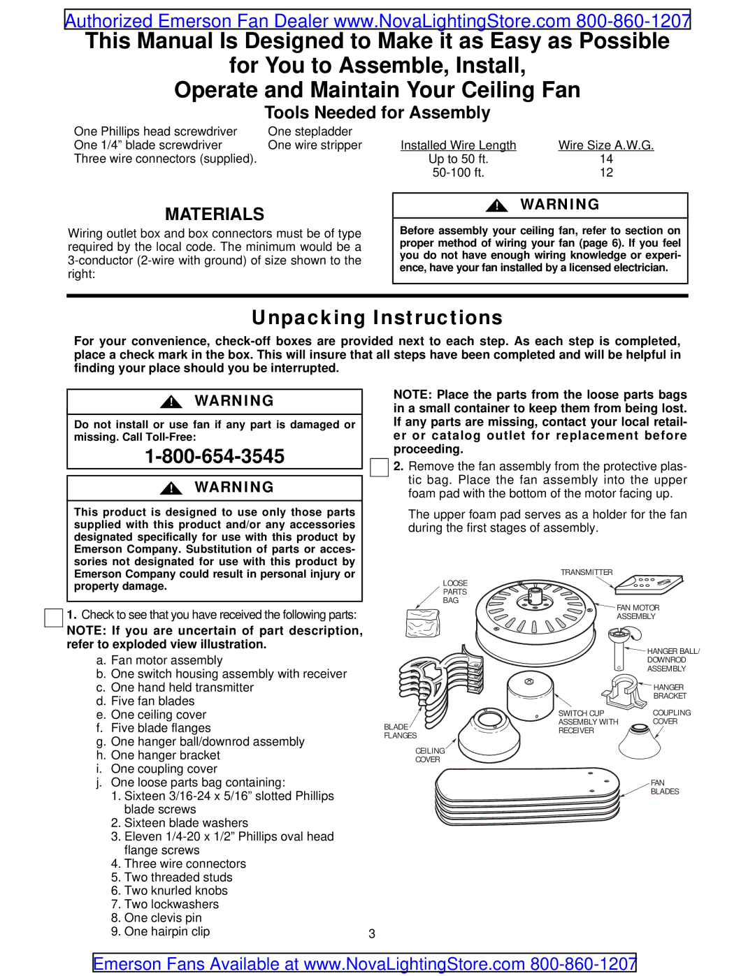 Emerson CF759OB00 warranty Unpacking Instructions, Tools Needed for Assembly 