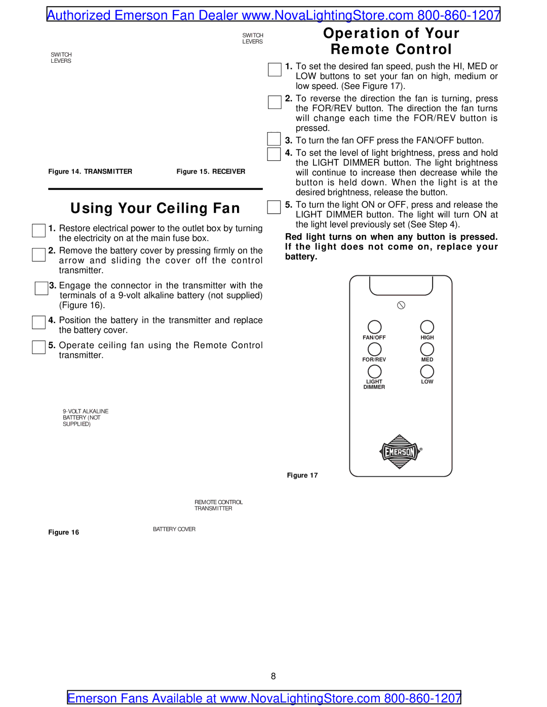 Emerson CF759OB00 warranty Using Your Ceiling Fan, Operation of Your Remote Control 