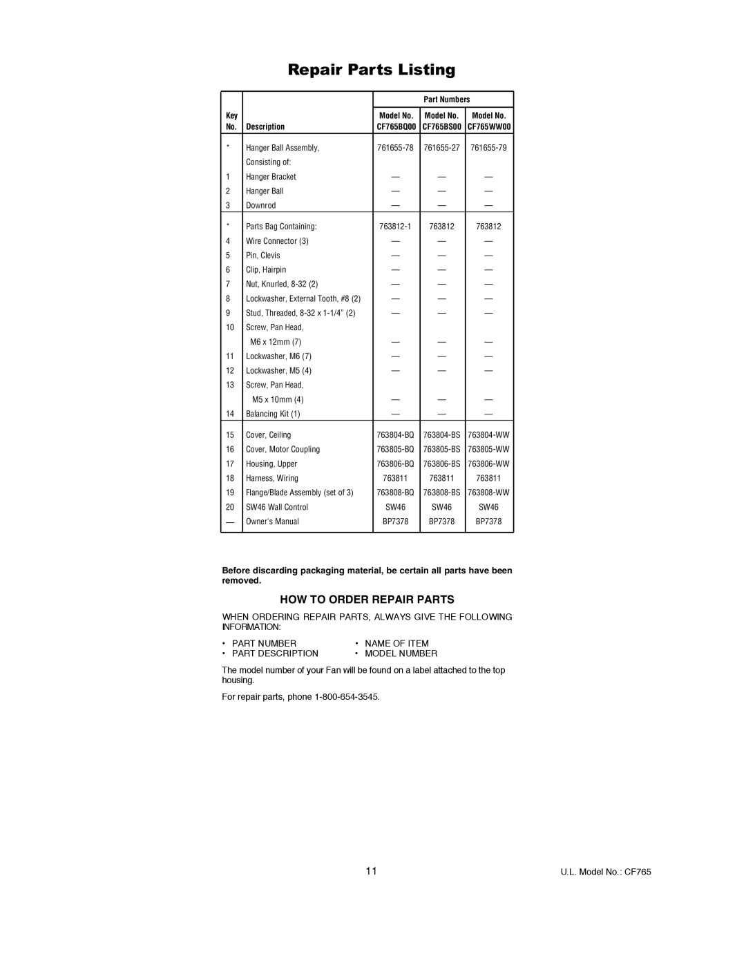 Emerson CF765BS00, CF765BQ00, CF765WW00 owner manual Repair Parts Listing, Description 