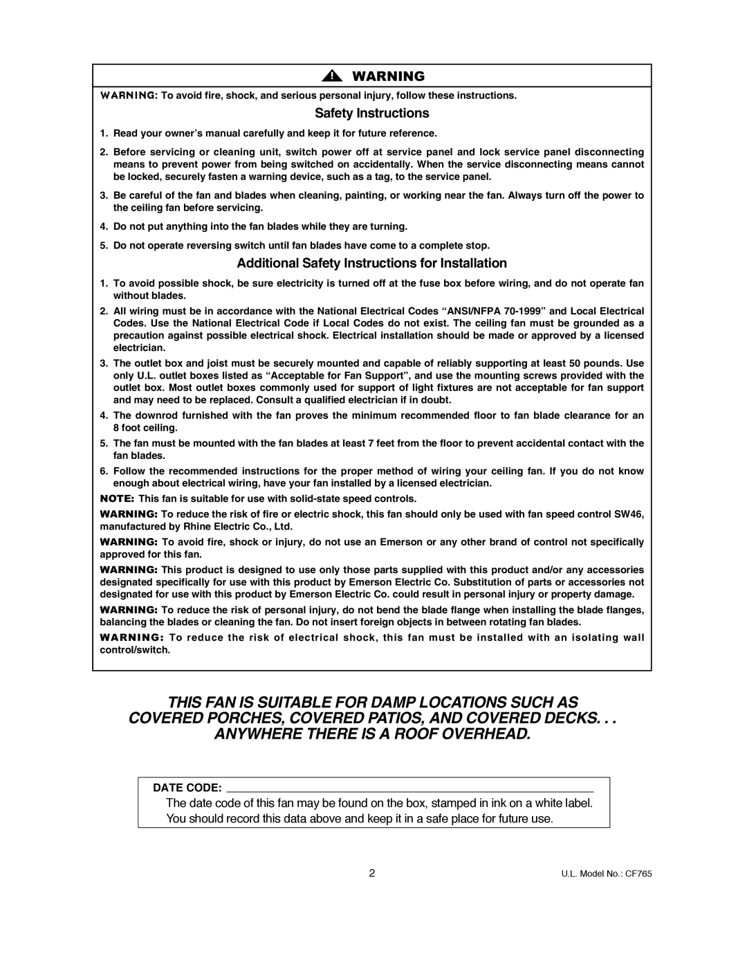 Emerson CF765BS00, CF765BQ00, CF765WW00 owner manual Safety Instructions 