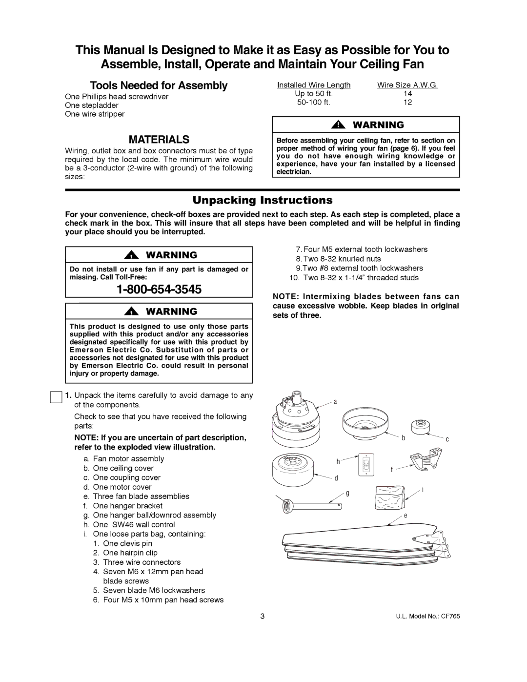 Emerson CF765BQ00, CF765WW00, CF765BS00 owner manual Materials, Unpacking Instructions 