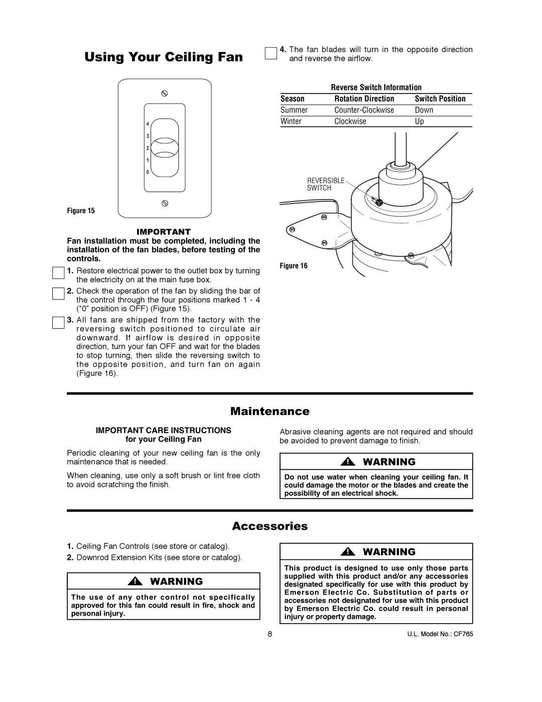 Emerson CF765BS00, CF765BQ00, CF765WW00 owner manual Using Your Ceiling Fan, Maintenance, Accessories 