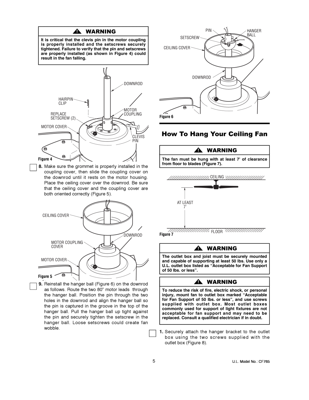 Emerson CF765BS00, CF765BQ00, CF765WW00 owner manual How To Hang Your Ceiling Fan 