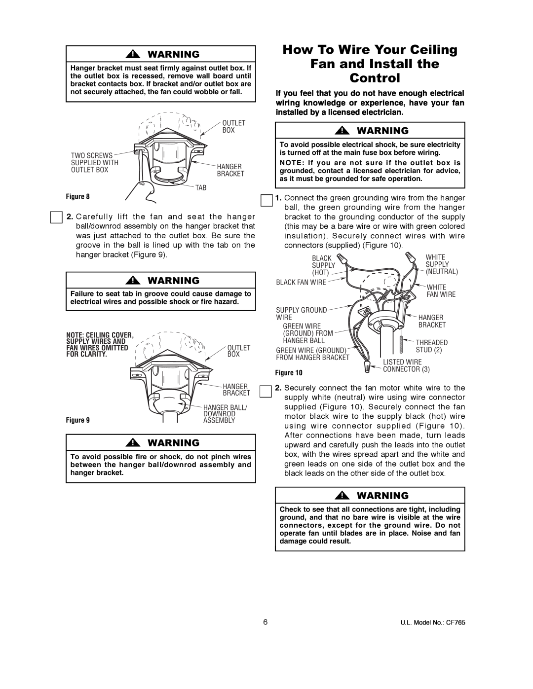 Emerson CF765BQ00, CF765WW00, CF765BS00 owner manual How To Wire Your Ceiling Fan and Install the, Control 