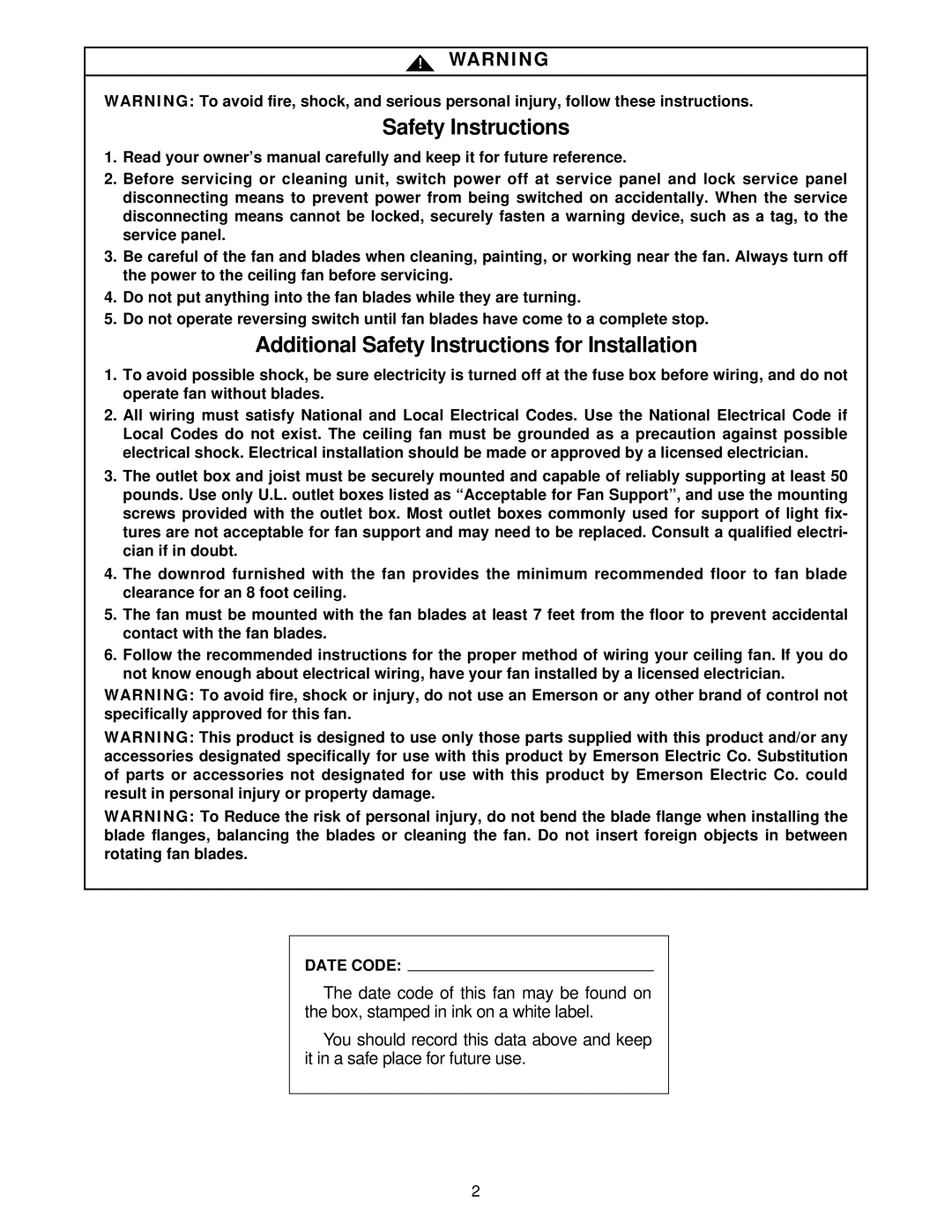 Emerson CF770OB01, CF770TG01, CF770BS01, CF770BC01, CF770WW01 Additional Safety Instructions for Installation, Date Code 