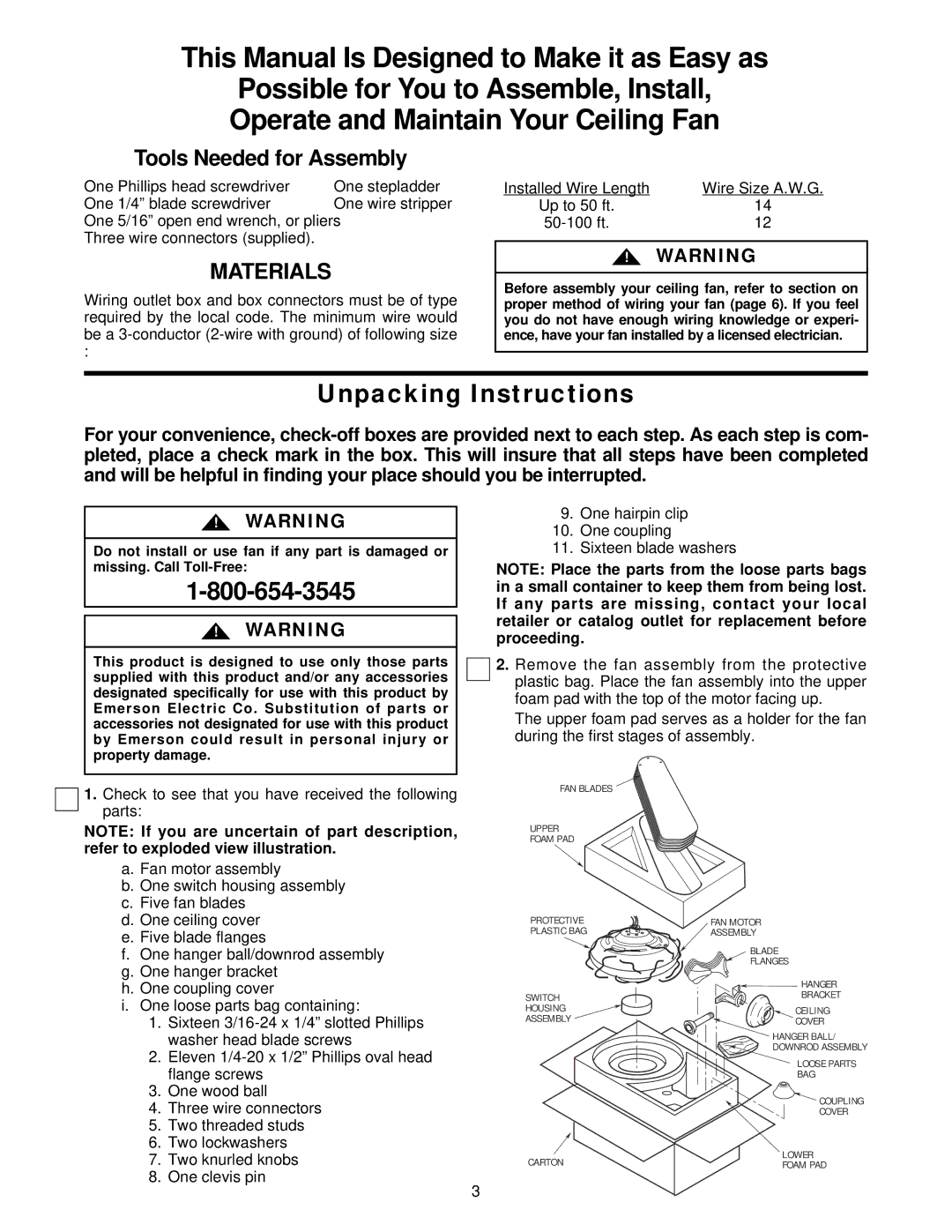 Emerson CF770BC01, CF770TG01, CF770BS01, CF770OB01 Unpacking Instructions, Tools Needed for Assembly, Up to 50 ft 50-100 ft 