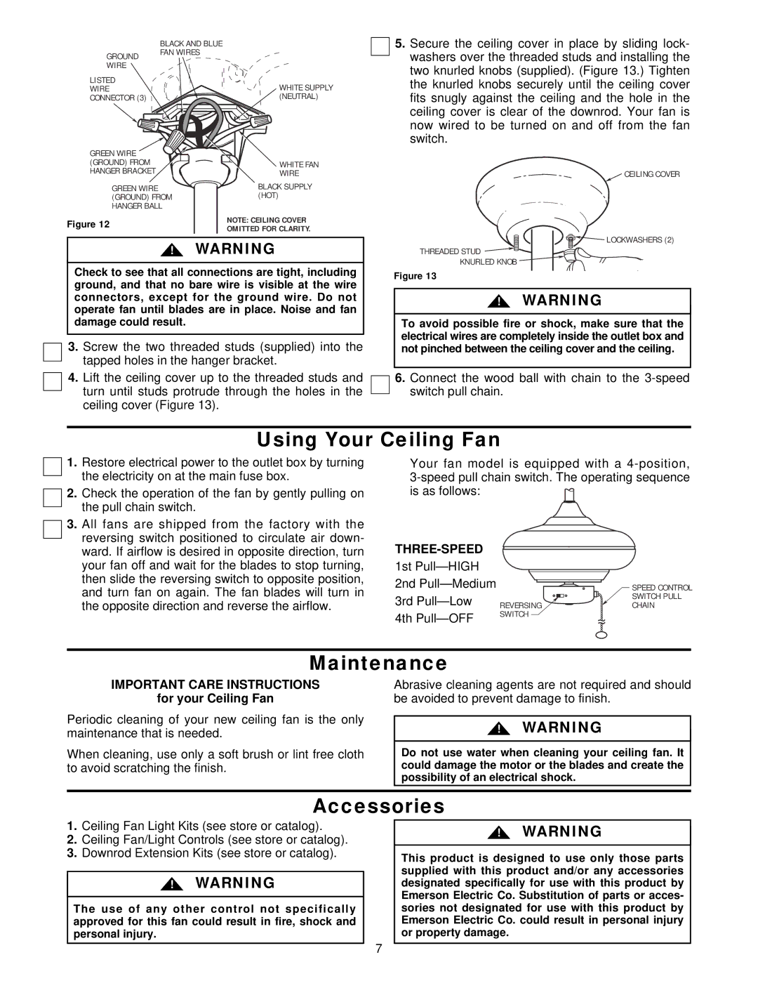 Emerson CF770TG01, CF770BS01 Using Your Ceiling Fan, Maintenance, Accessories, Three-Speed, Important Care Instructions 