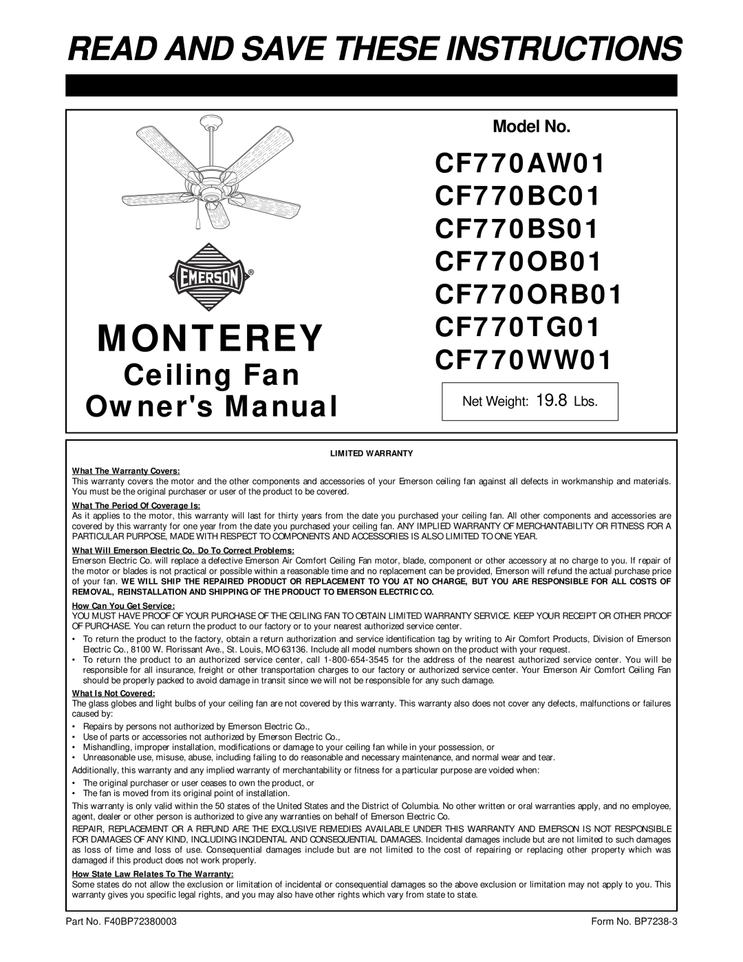 Emerson CF770BS01 owner manual Model No, Monterey, Read And Save These Instructions, CF770ORB01, CF770TG01 CF770WW01 