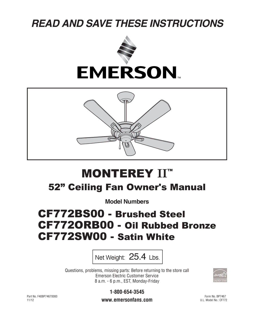 Emerson CF772BS00, CF772SW00, CF772ORB00 owner manual Monterey 