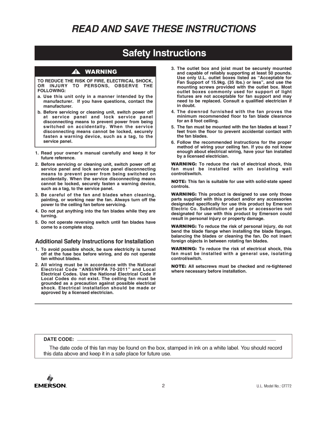 Emerson CF772ORB00, CF772SW00, CF772BS00 owner manual Read and Save These Instructions, Safety Instructions 