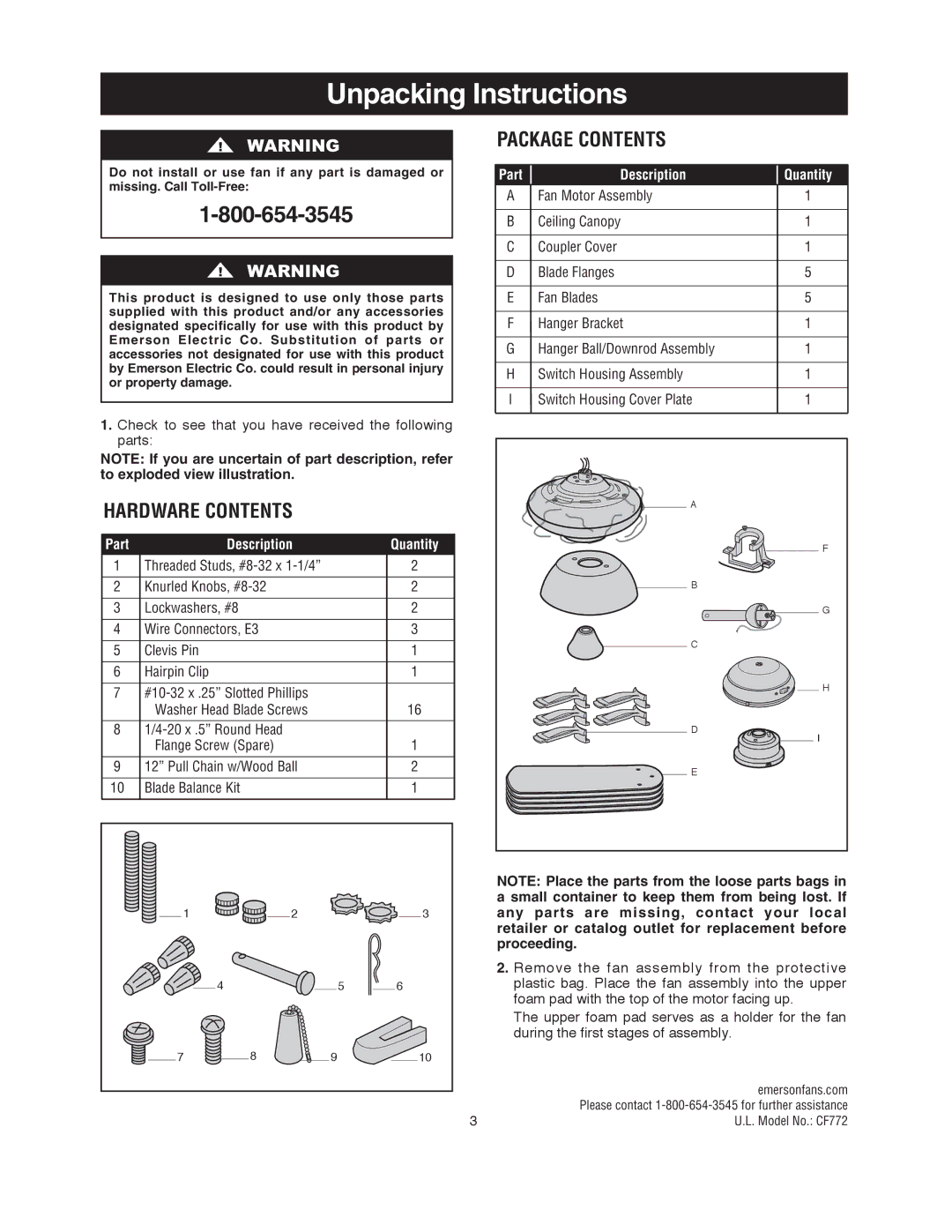 Emerson CF772SW00, CF772BS00, CF772ORB00 owner manual Unpacking Instructions, Hardware Contents 