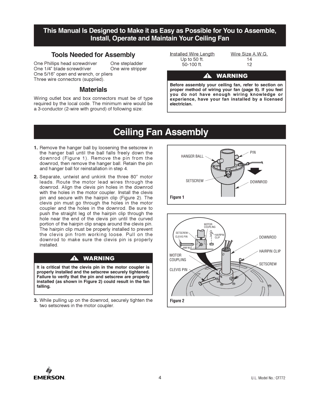 Emerson CF772BS00, CF772SW00, CF772ORB00 owner manual Ceiling Fan Assembly, Tools Needed for Assembly 