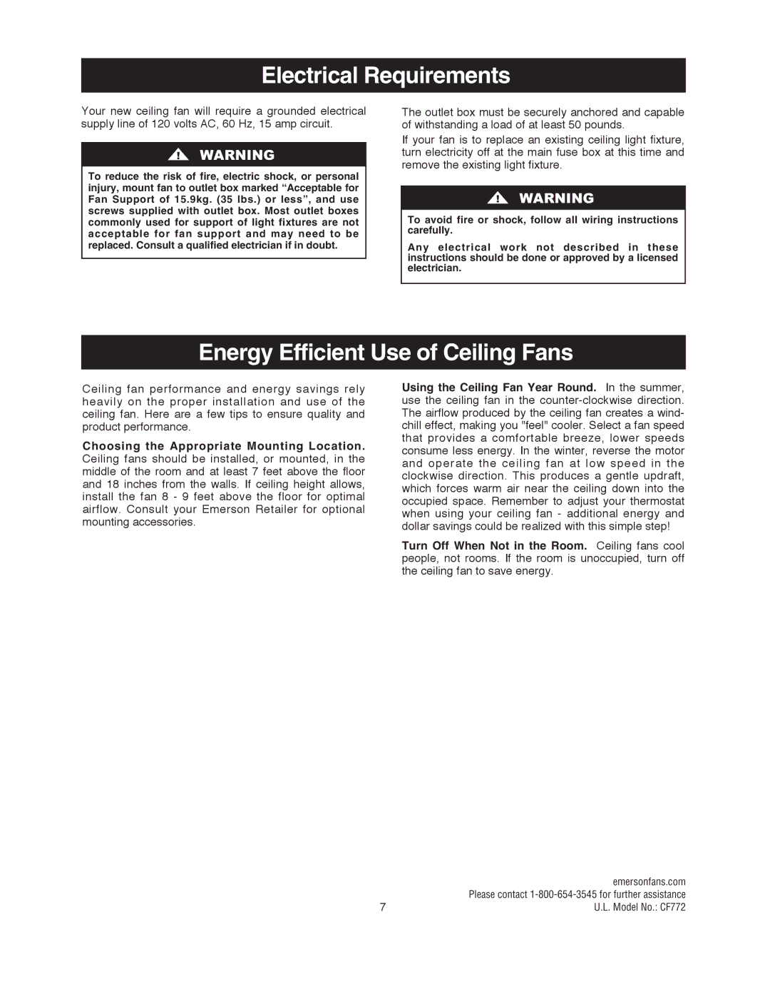 Emerson CF772BS00, CF772SW00, CF772ORB00 owner manual Electrical Requirements, Energy Efficient Use of Ceiling Fans 