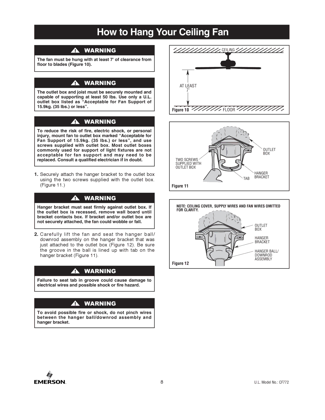 Emerson CF772ORB00, CF772SW00, CF772BS00 owner manual How to Hang Your Ceiling Fan 