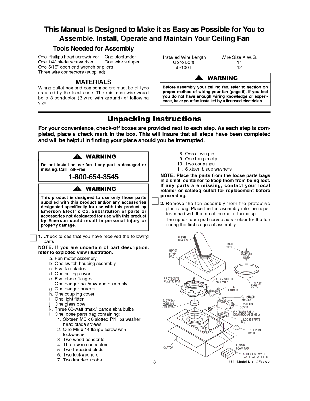 Emerson CF775BS02, CF775ORB02, CF775AW02 warranty Unpacking Instructions, Tools Needed for Assembly 