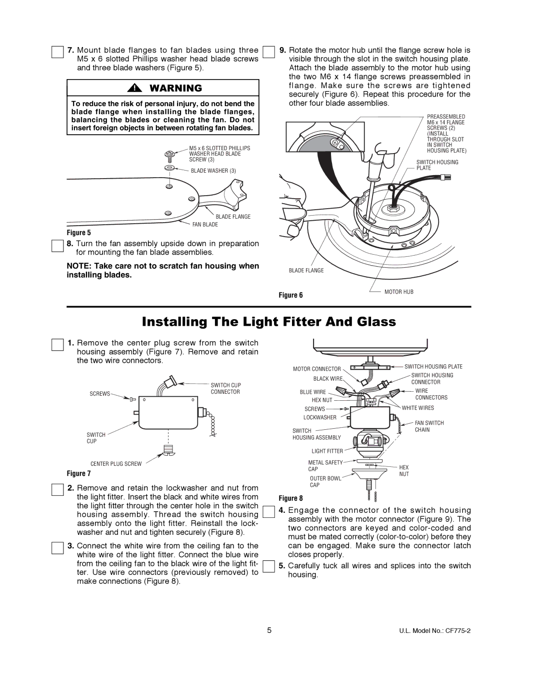 Emerson CF775AW02, CF775BS02 warranty Installing The Light Fitter And Glass, Remove and retain the lockwasher and nut from 