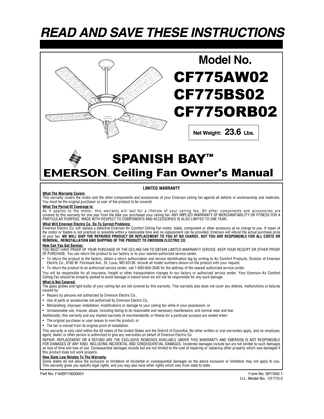 Emerson CF775ORB02 warranty CF775AW02, CF775BS02, Read And Save These Instructions, Spanish Bay, Model No 