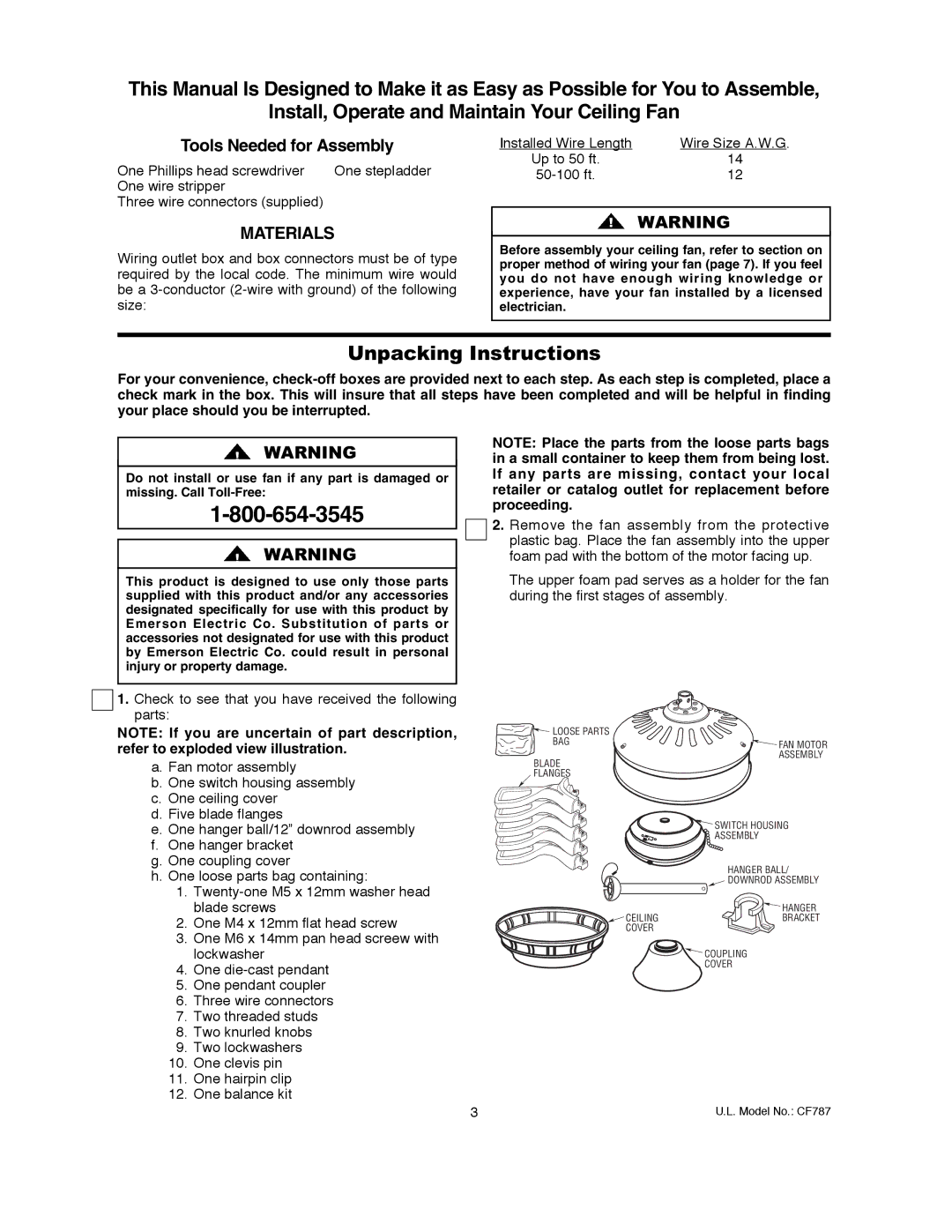 Emerson CF787GBZ00, CF787AW00, CF787GES00, CF787BS00, CF787AP00, CF787ORB00 owner manual Unpacking Instructions 