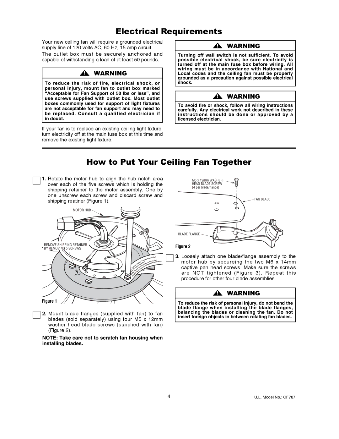 Emerson CF787AP00, CF787AW00, CF787GES00, CF787BS00, CF787GBZ00 Electrical Requirements, How to Put Your Ceiling Fan Together 