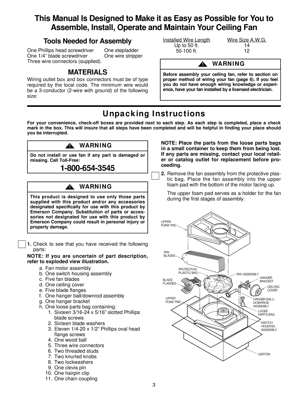 Emerson CF796CW0, CF796HGMO0, CF796MP0 warranty Unpacking Instructions, Up to 50 ft 50-100 ft 