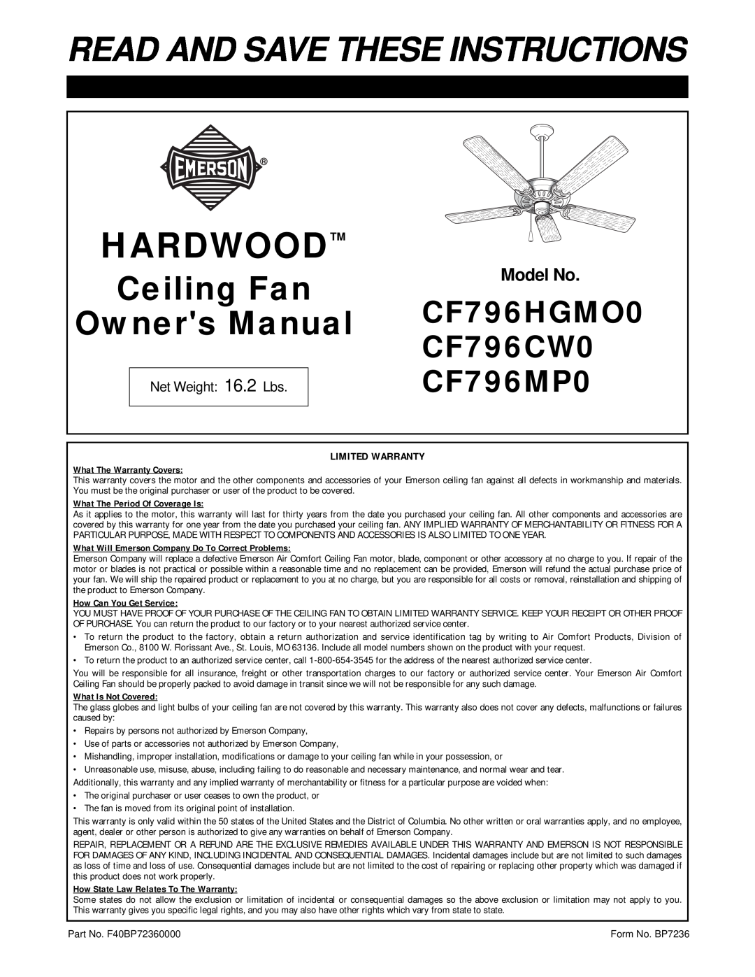 Emerson CF796HGMO0 warranty Model No, Hardwood, Read And Save These Instructions, Ceiling Fan, CF796CW0, CF796MP0 