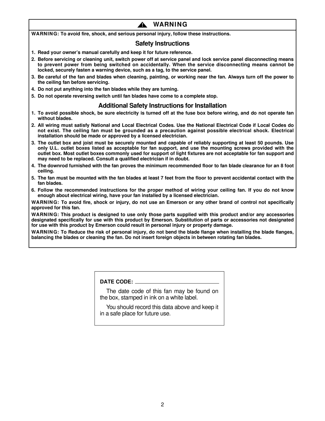 Emerson CF804SW 00, CF805SBS 00, CF805SAB 00, CF805SWW 00, CF805SW 00, CF804SAB 00, CF804SWW 00 Safety Instructions, Date Code 